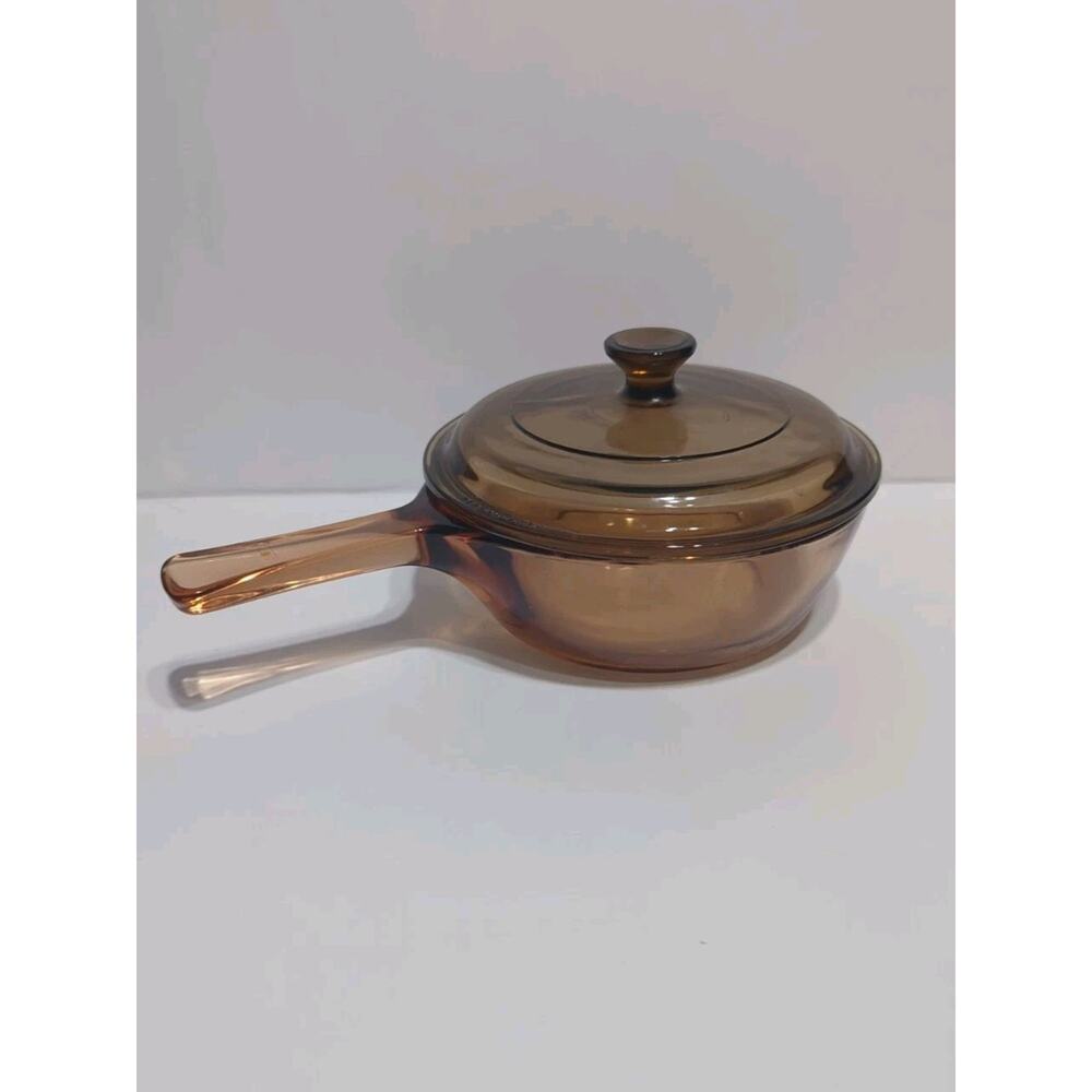 Vintage Vision Corning USA Ware Amber Brown 0.5 L Sauce Pan Pot Pyrex Lid P81C